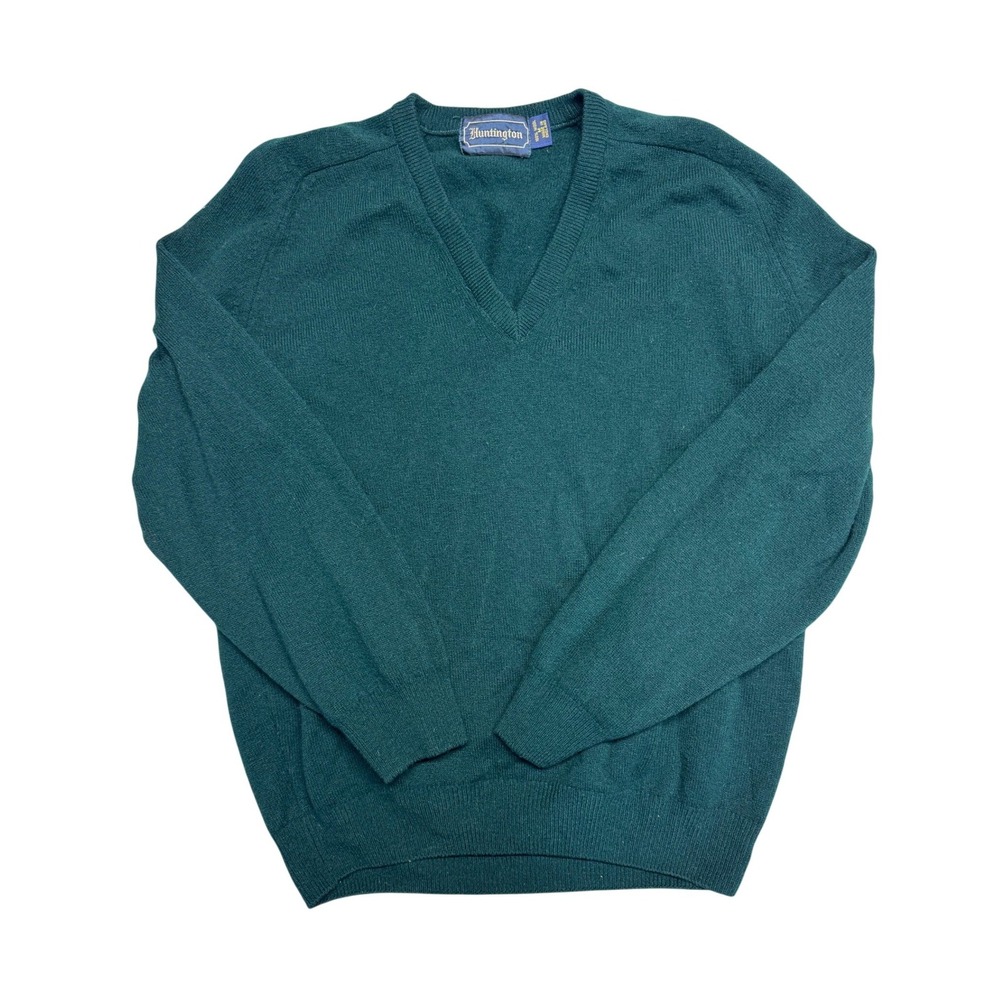 Vintage Huntington Mens Teal Green 100% Wool V-Neck Sweater England Medium
